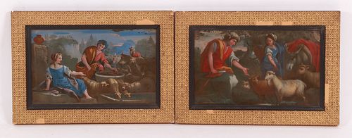 Two Continental Reverse Painted Genre Scenes