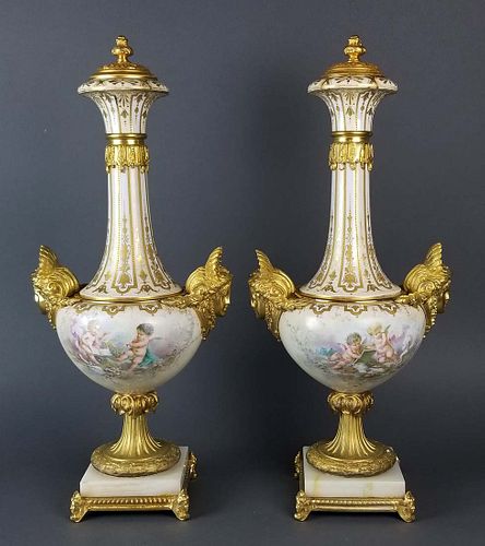 Pair of Large Sevres Bronze Mounted Figural Urns, 19th