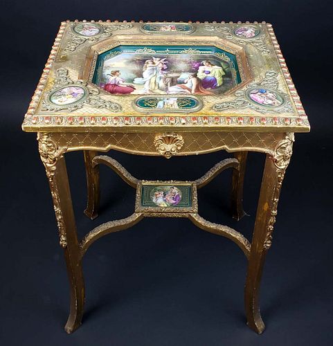 Giltwood Louis XVI Style Table w/ Royal Vienna Plaques