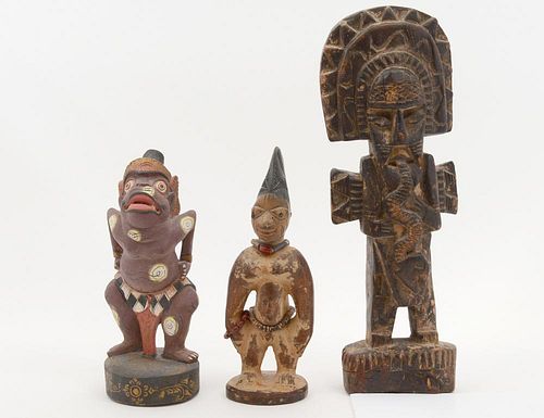 GROUP OF THREE CARVED WOOD FIGURES