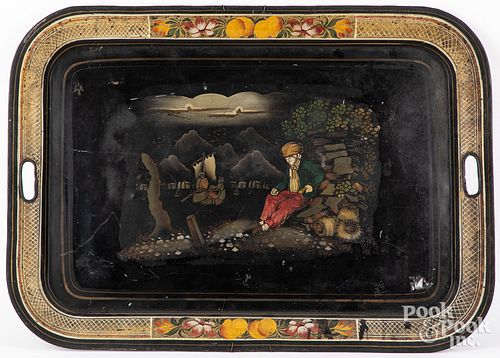 Large stenciled tin toleware tray, 19th c.