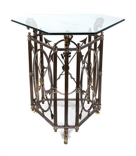 A Neo-Classical Style Silvered and Gilt Metal Tall Glass Top Table Height 38 3/4 x width 40 1/2 x depth 35 1/4 inches.