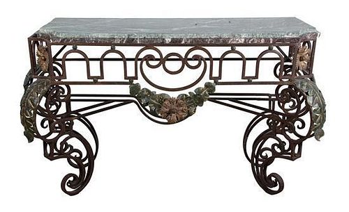 A Rococo Style Marble Top Ironwork Console Table Height 35 1/4 x width 59 x depth 22 inches.