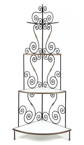 A French Iron and Brass Corner Baker's Rack Height 78 1/2 x width 20 x depth 20 inches.