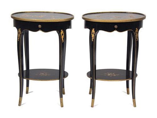 A Pair of Napoleon III Black and Gold Chinoiserie Tables Height 25 1/2 inches.