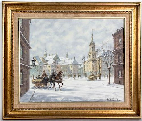 * Artist Unknown, (20th century), Horses and Sleigh through Town Square