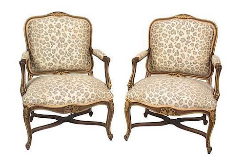 A Pair of Louis XV Style Fauteuil Height 37 1/4 inches.