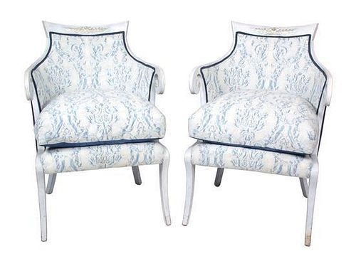 A Pair of Regency Style White Painted Armchairs Height 37 inches.
