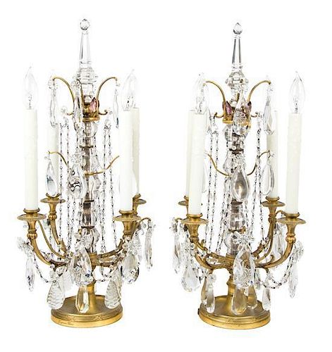 A Pair of Gilt Bronze and Cut Glass Four-Light Girandoles Height 25 1/2 inches.