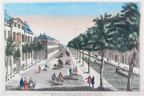 A Nine French Handcolored Engravings, , compring eight Vue d'optique, 18th century; and one Odeon, 19th century.