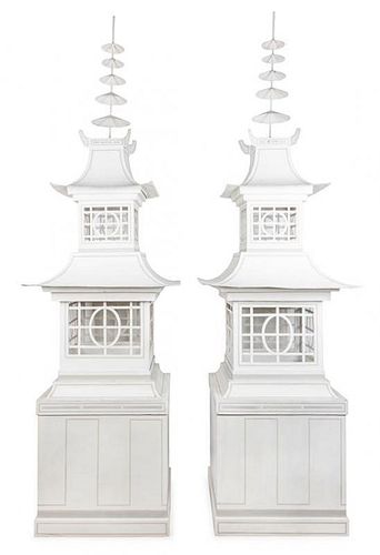 A Pair of White-Painted Pagoda Standing Lanterns Height 79 x width 30 inches.