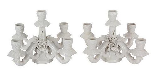 A Pair of Italian Faience Five-Light Candelabra Height 8 inches.