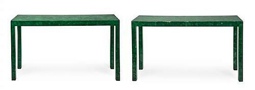 A Pair of Faux Malachite Console Tables Height 29 x width 52 x depth 16 inches.