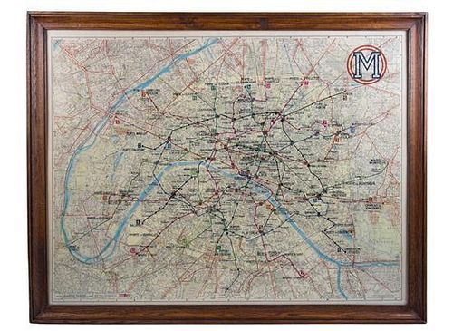 A Reproduction of a 19th Century Paris Metro Map Height 40 x width 52 1/2 inches.
