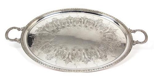 An American Silver-Plate Two Handle Oval Serving Tray Width over handles 30 inches.