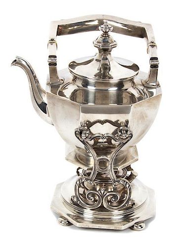 An American Silver Hot Water Kettle on Burner Stand, Gorham MFG Co., Height 10 3/4 inches; 47 ozt. 94 dwts.