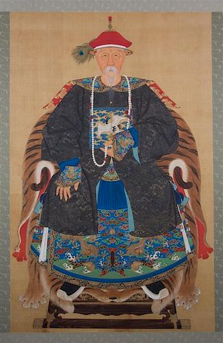 A Chinese Ancestor Portrait, LATE 19TH/EARLY 20TH CENTURY, depicting a first rank civil official seated on throne chair