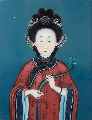 A Chinese Reverse Painted Glass Panel Height 19 x width 15 1/4 inches.