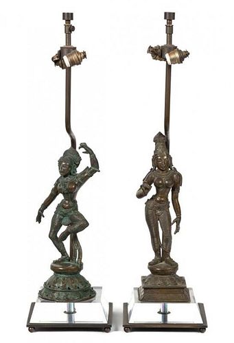 A Pair of Southeast Asian Bronze Deity Figures Height 18 7/8 inches.