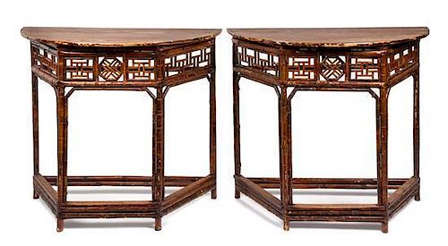 A Pair of Chinese Export Bamboo Demilune Console Tables Height 33 x width 37 x depth 18 1/2 inches.