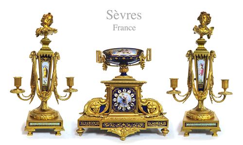 19th C. Sevres Gilt Bronze Jeweled Cobalt Clock Set