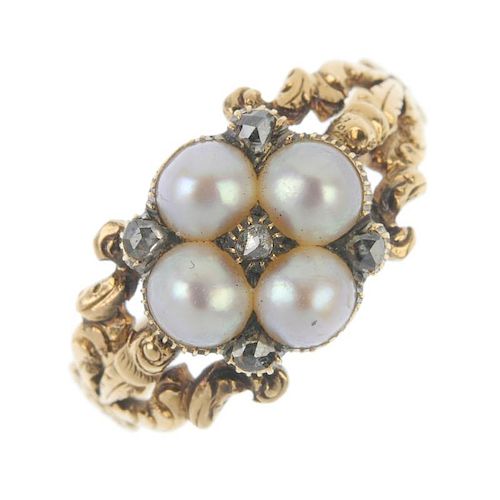 A late 19th century 18ct gold split pearl and diamond memorial ring. The split pearl quatrefoil, wit