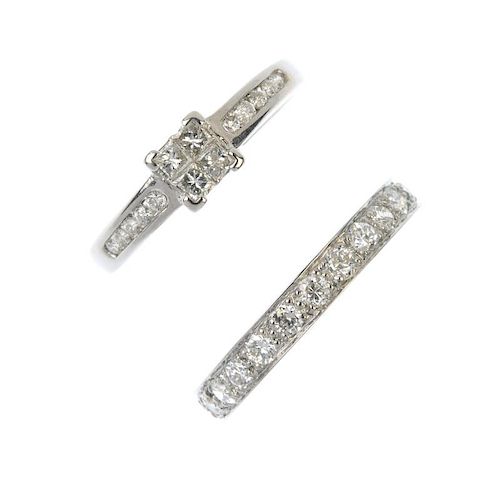 Two diamond rings. To include an old-cut diamond full-circle eternity ring, together with a square-s