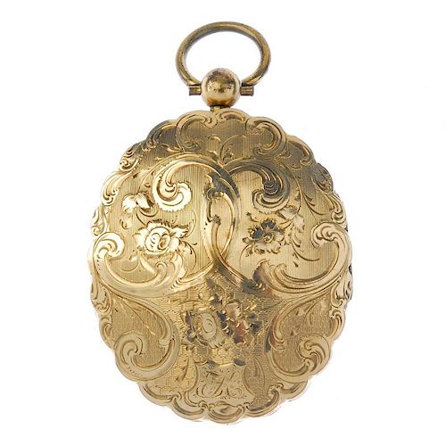 A late 19th century double sided locket. Of oval outline, engraved with scrolling floral motif, open