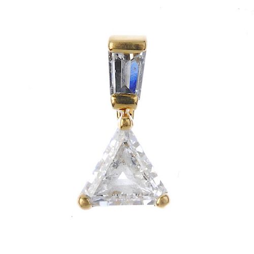 A diamond pendant. The triangular-shape diamond, to the tapered baguette-cut diamond surmount. Estim