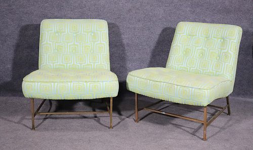 PAIR HARVEY PROBBER BRASS FRAME LOUNGE CHAIRS