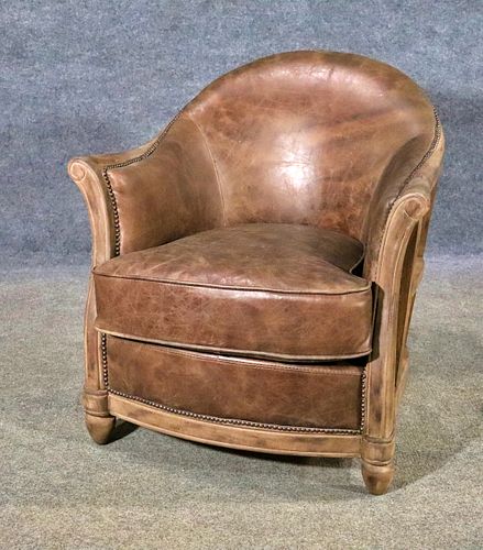 MODERN DECONSTRUCTED LEATHER BARREL BACK CHAIR