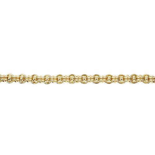 A bracelet. The double belcher-link chain with oval-shape spacers, to the spring-ring clasp. Length