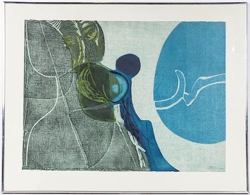* Hideo Hagiwara, (Japanese, b. 1913), Untitled Monoprint, Composition in Blue and Green