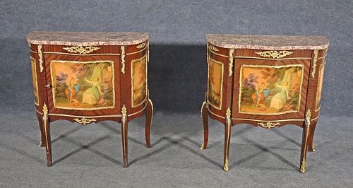 PAIR FRENCH MARBLE TOP DEMILUNE CONSOLES