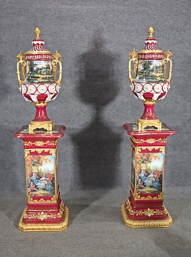 PAIR RUSSIAN STYLE PORCELAIN VASES ON PEDESTALS