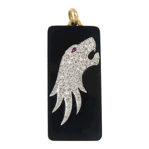 CARRERA Y CARRERA - an onyx and diamond panther pendant. The rectangular-shape onyx plaque, with pav