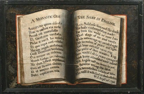 ENGLISH & LATIN MONASTIC ODE ANTIQUE BOOK OIL PAINTING