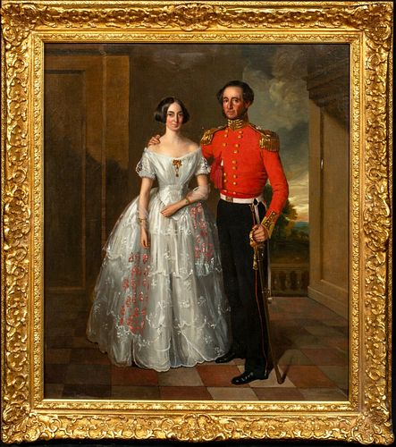 PORTRAIT BRITISH MILITARY OFFICER AND WIFE OIL PAINTING
