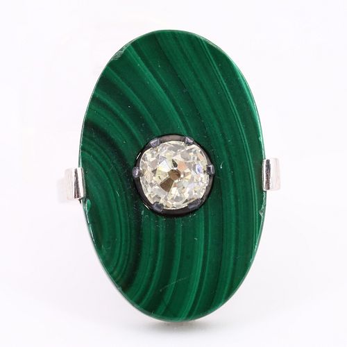 Art Deco Malachite & Diamond 18k Gold Ring