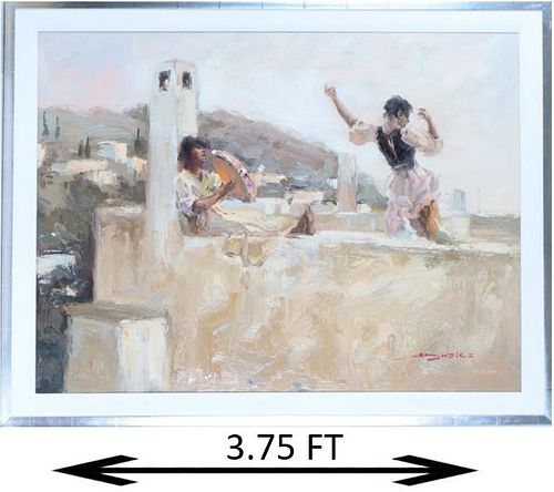 Italian Figural Rooftop Scene, Signed Oil/Canvas