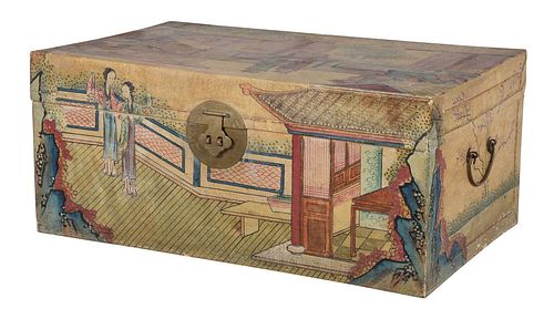 Chinese Paint Decorated Pigskin Trunk