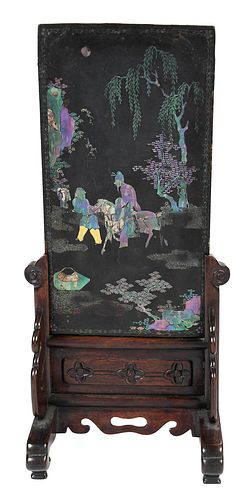 Chinese Lacquered and Inlaid Plaque on Stand
