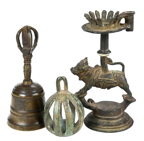 Two Indo Persian Bronze Bells and Candle Holder