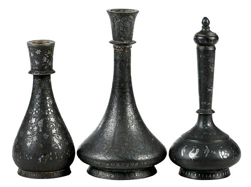 Three Indo Persian Patinated Bronze Inlaid Bottle Vases sold at auction ...