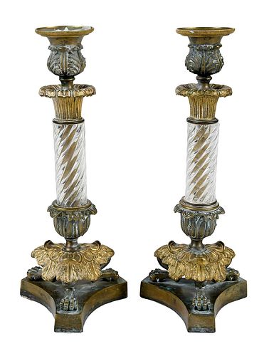 Pair of Empire Gilt Bronze and Glass Candlesticks