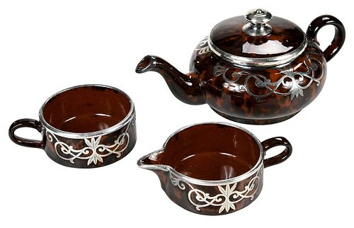 Brown Spatterware Tea Set with Silver Overlay