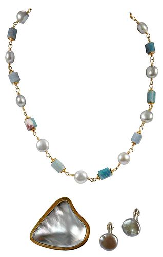 Three Pieces Pearl and Gemstone Jewelry 