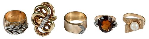 Five Retro Gold Gemstone Rings 