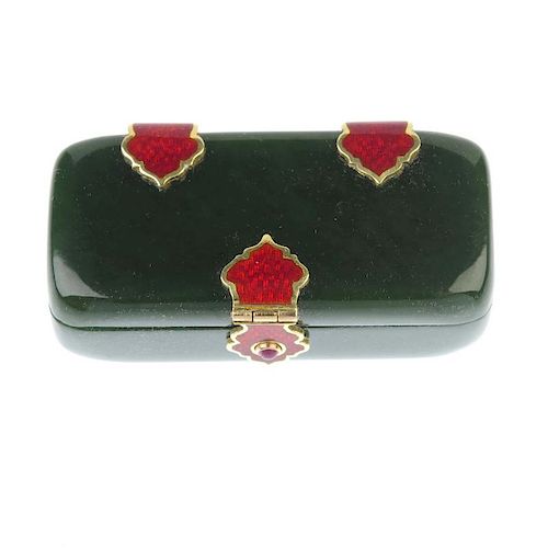 An early 20th century nephrite jade enamel and ruby box, circa 1905. Of rectangular-outline, the nep