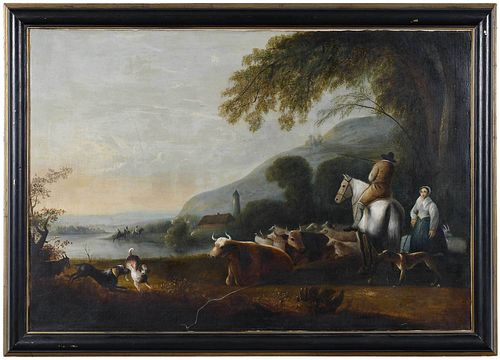 Continental School Painting with Shepherds and Flock